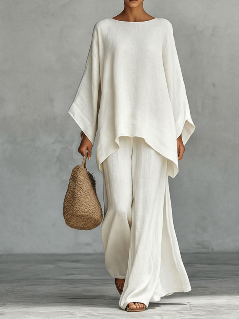 Boat Neck Top and Wide Leg Pants Two Piece Set