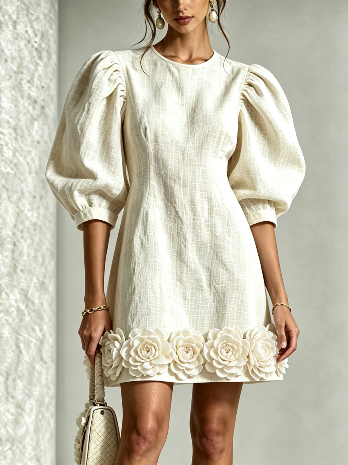 Puff Sleeve Round Neck 3D Floral Hem Mini Dress