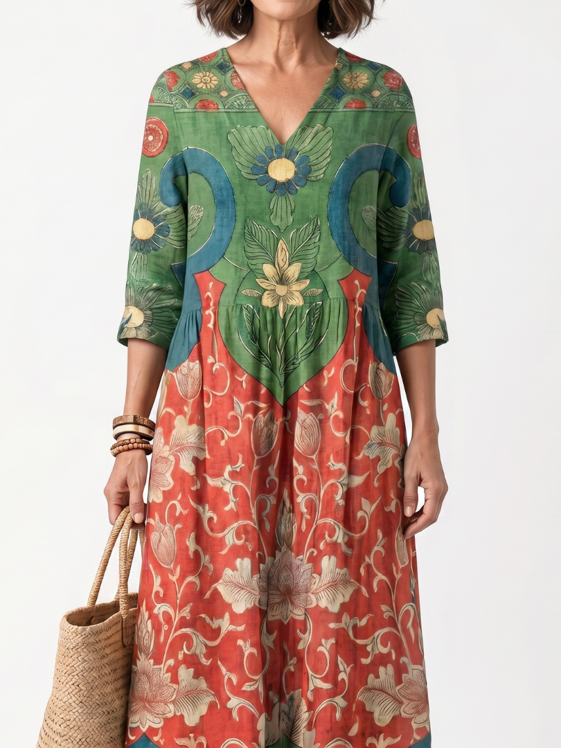 Baroque Floral V-Neck Pocket Maxi Dress