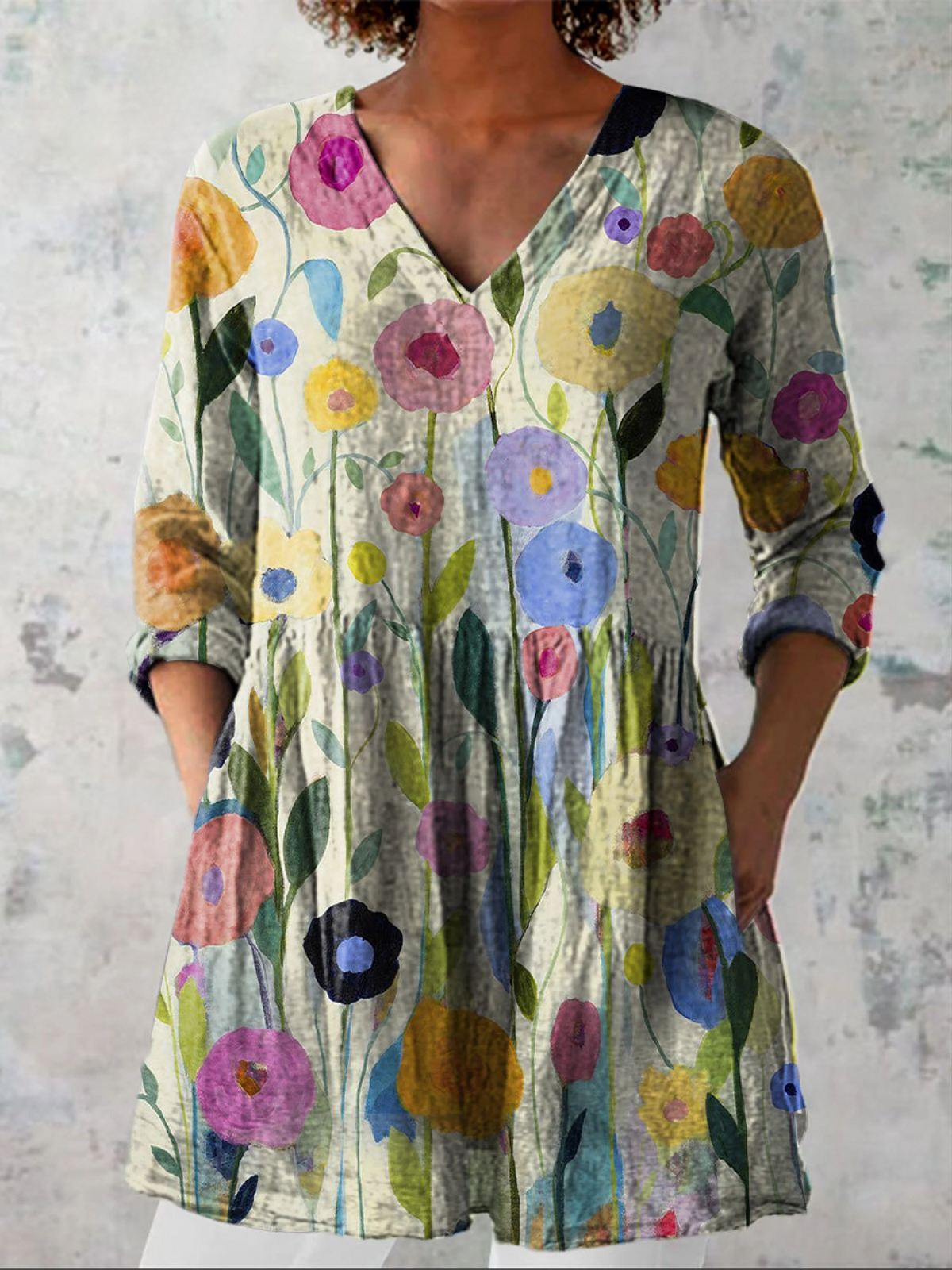 Watercolor Floral V-Neck Tab Sleeve Peplum Tunic Top