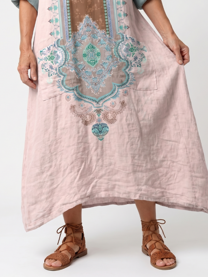 Border Print V-Neck Pocket Kaftan Maxi Dress