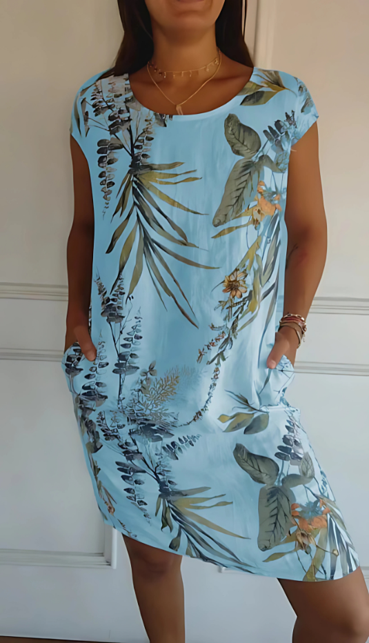 Iris - Casual Loose-Fit Knee-Length Printed Dress Light blue
