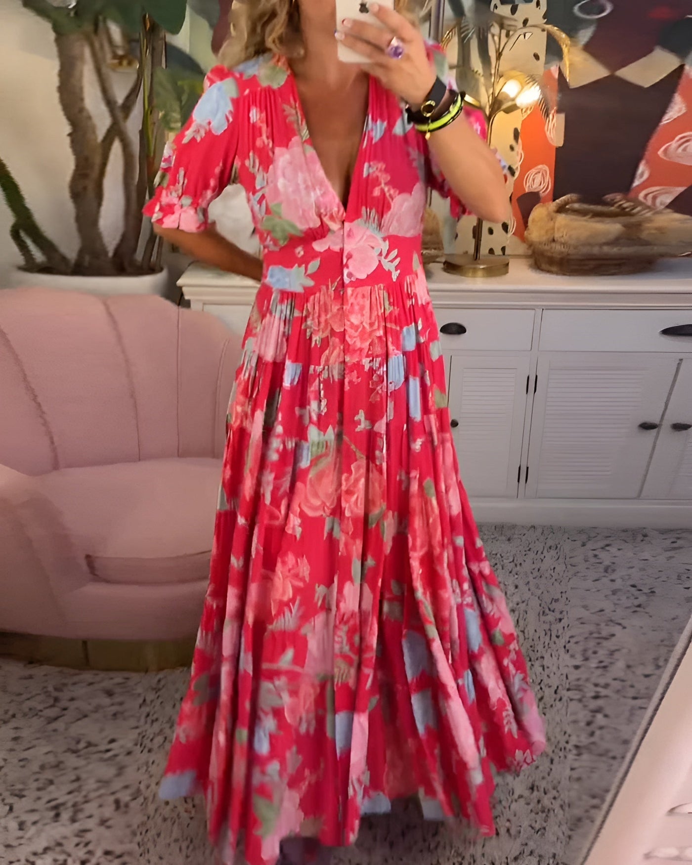 Floral Print Deep V-Neck Short Sleeve Tiered Maxi Dress