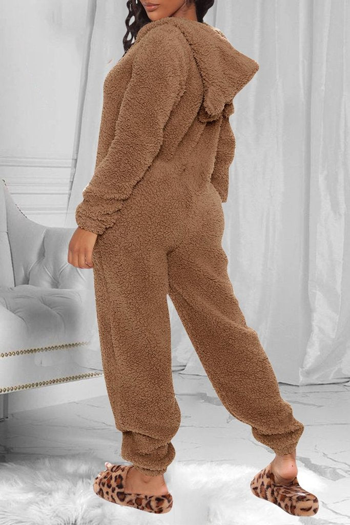 Fuzzy Hoodie Collar Jumpsuit Pajamas