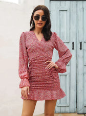 V-Neck Flounce Printed Chiffon Dress With Pleats S / Gray Dresses