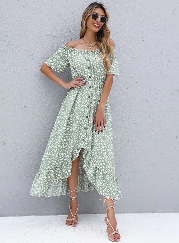 Ditsy Floral Off Shoulder Short Sleeve Button Front High Low Ruffle Hem Maxi Dress 2