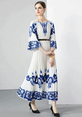 Blue And White Porcelain Loose Dress With Pleats