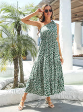 One-Shoulder Flowered Ruffled For Gown Holidays S / Blue Dresses