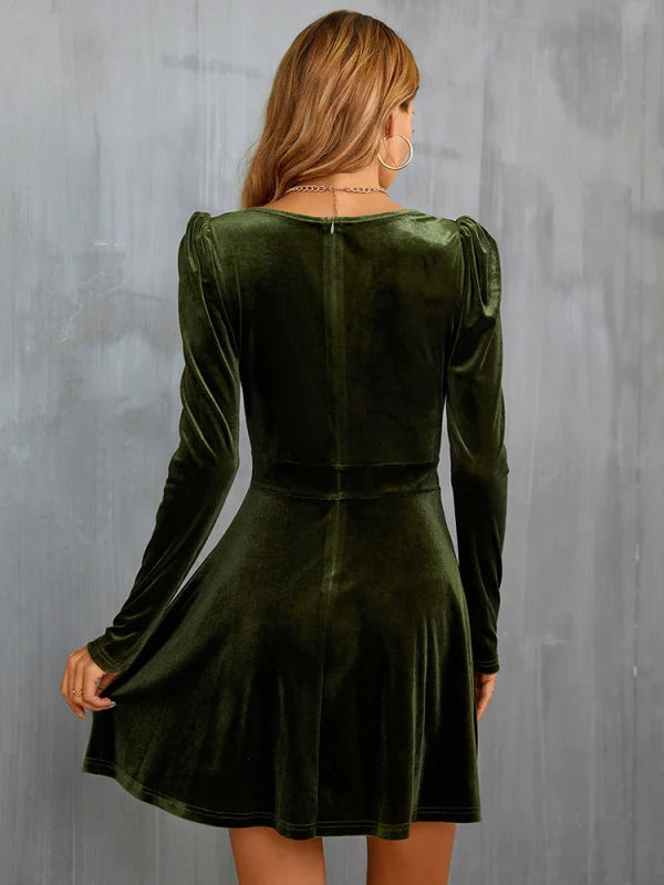 Velvet Deep V-Neck Wrap Front Puff Shoulder Long Sleeve Fit and Flare Mini Dress 5
