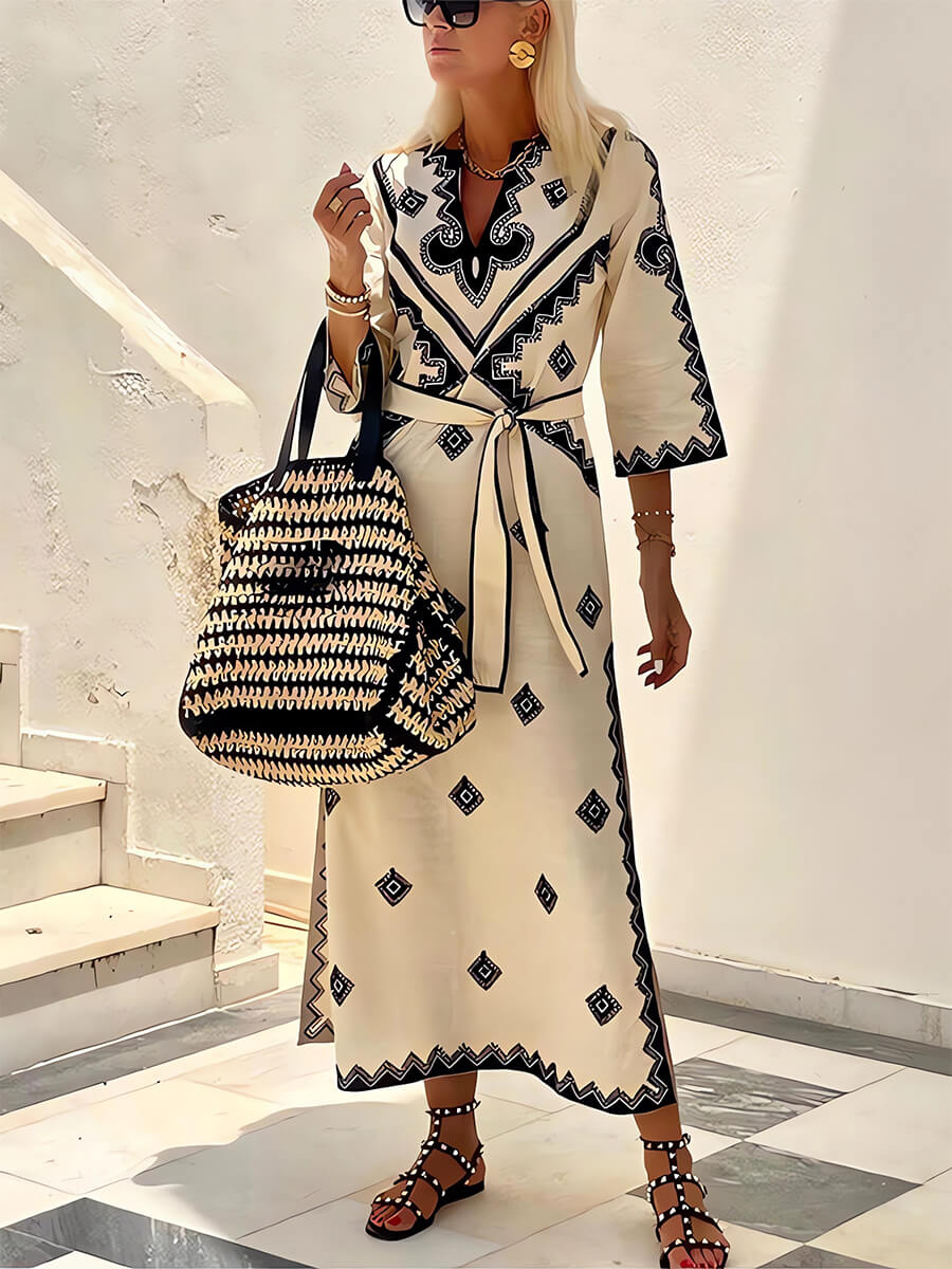Aztec Print Long Sleeve Belted Maxi Dress 3