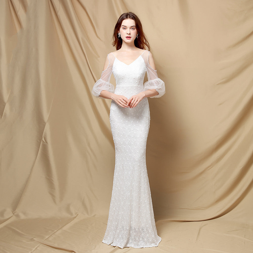 Quinn Sequin Scroll Charming Puff Sleeve Dress White / S S.o. Long Dresses