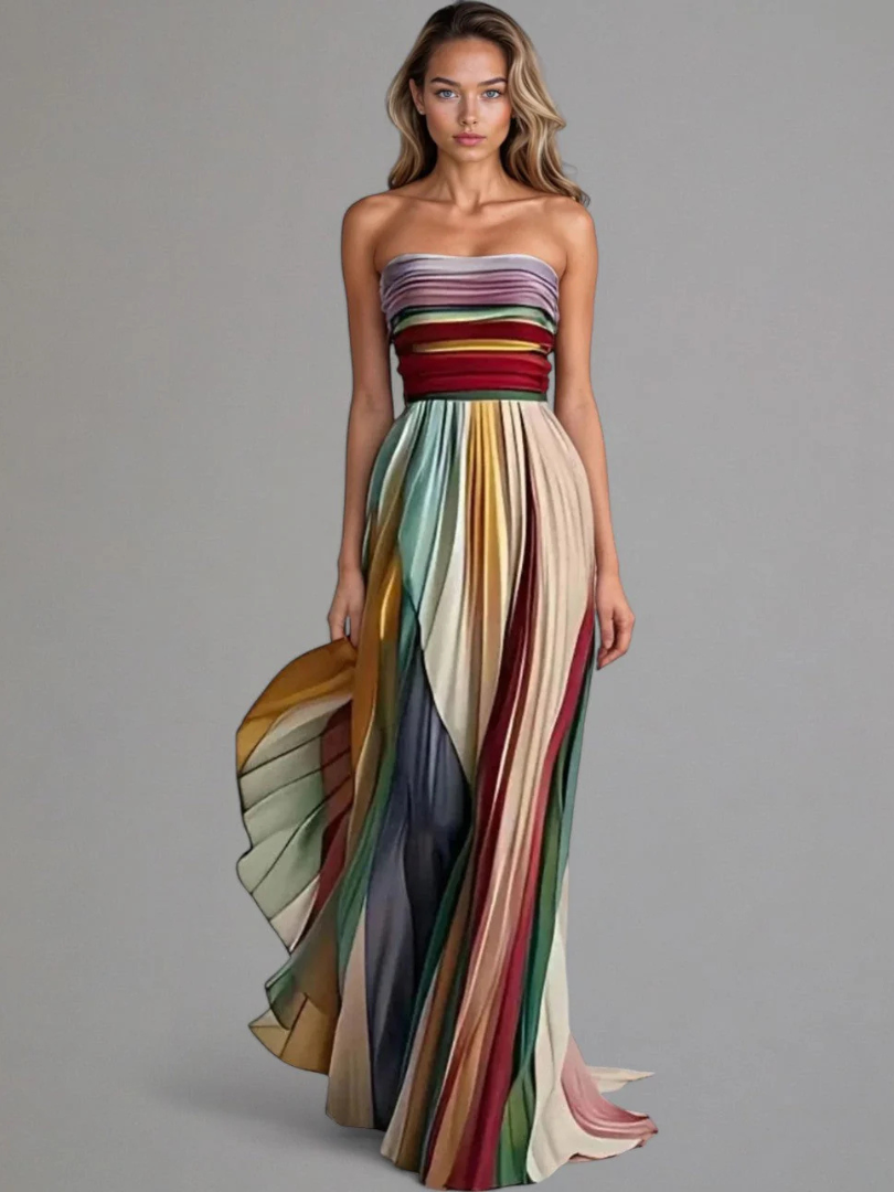 Striped Colorblock Strapless Pleated Maxi Dress