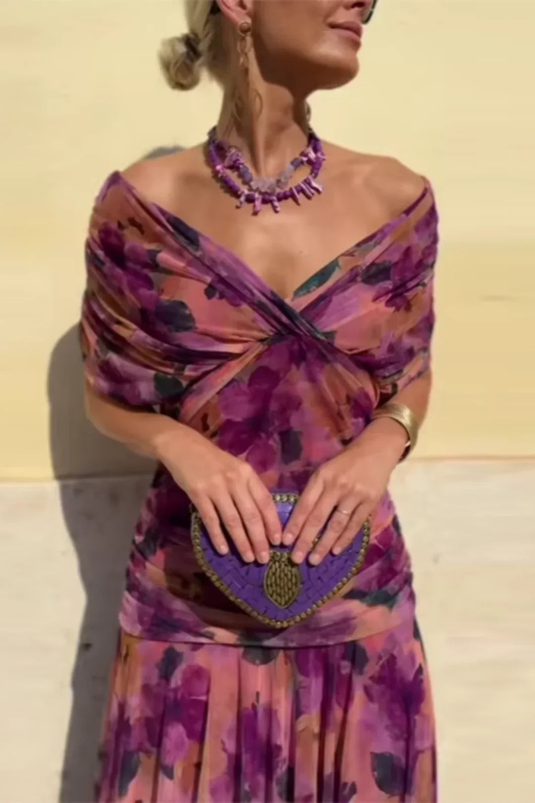 Chiffon Deep V-Neck Short Sleeve Ruched Waist Maxi Dress
