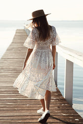 Lace Hollow-out Button Midi Dress - View 2