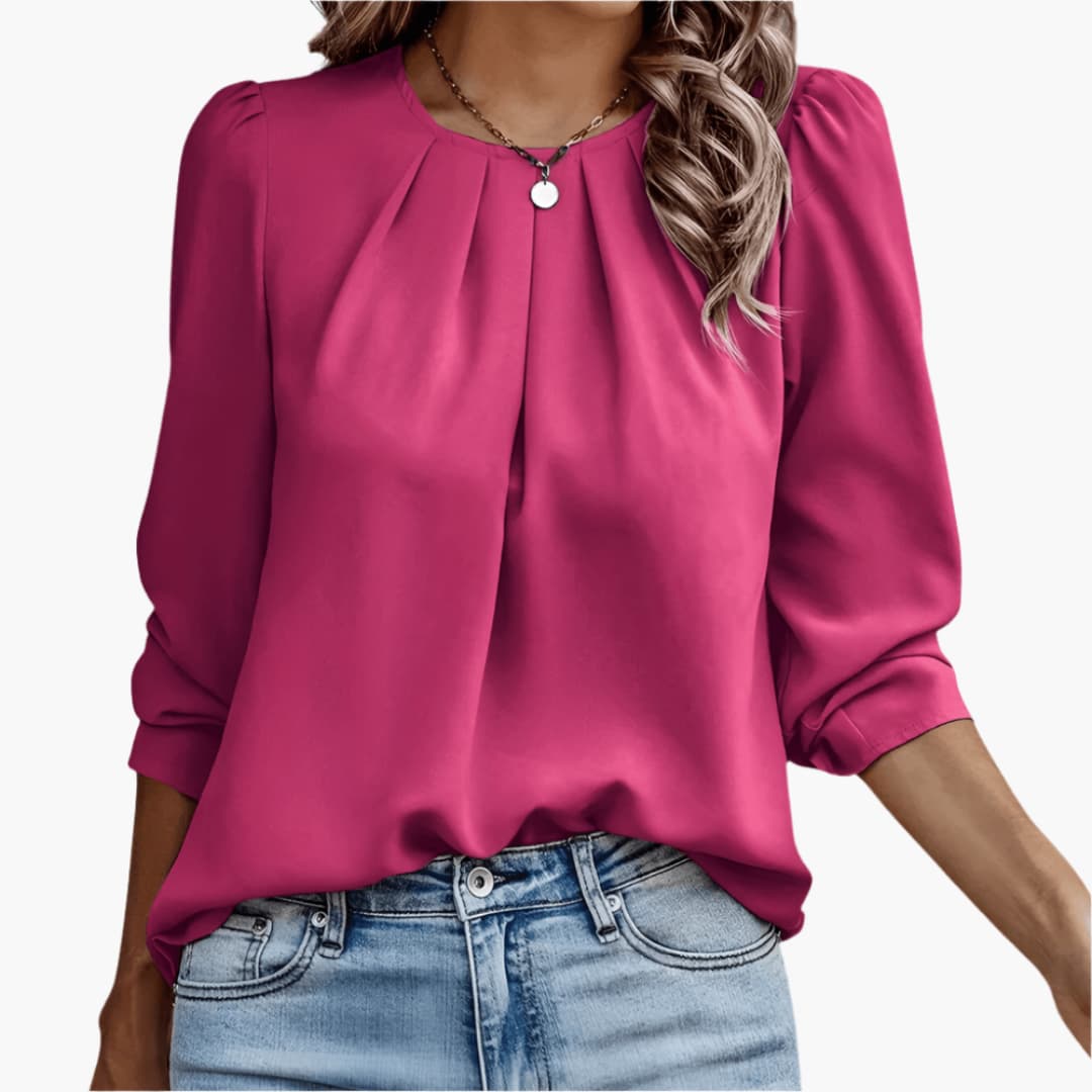 Pleated Round Neck 3/4 Sleeve Blouse