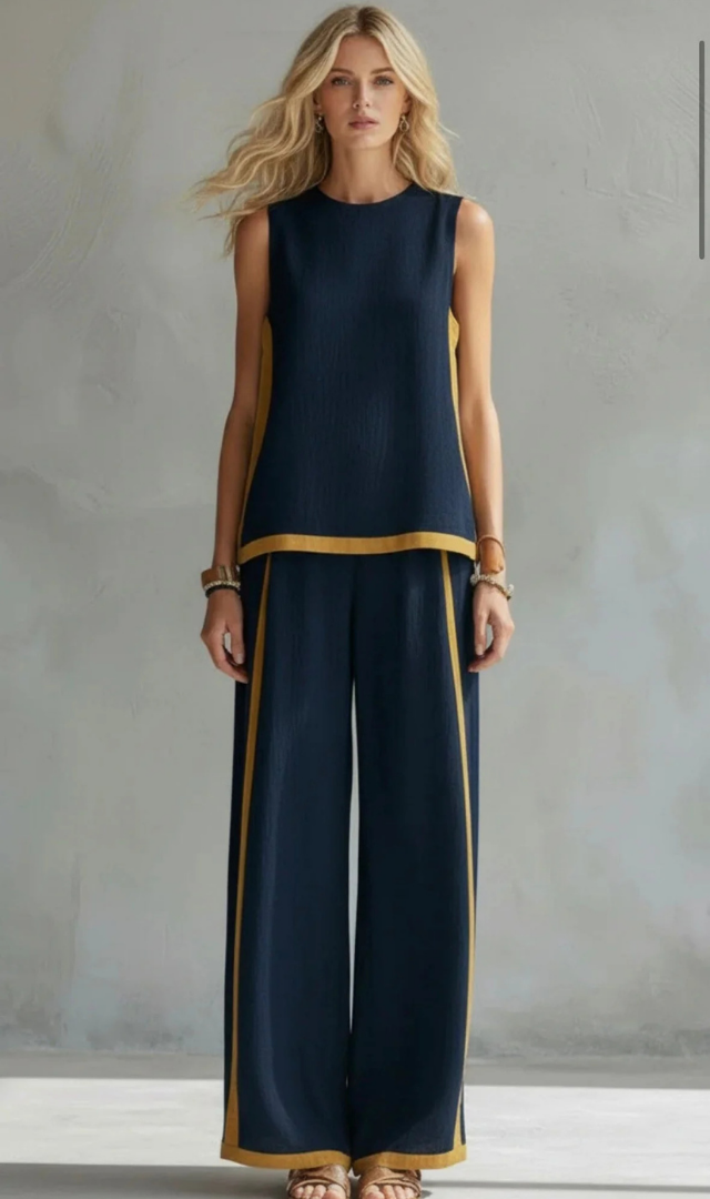 Contrast Trim Sleeveless Top and Wide Leg Pants Two Piece Set