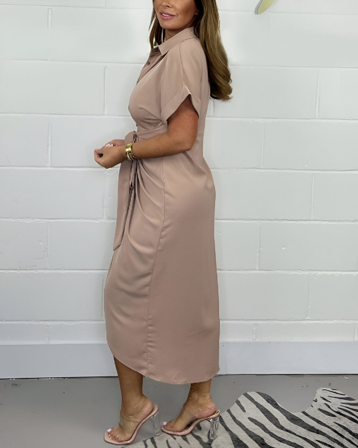 Collared Short Sleeve Tie Waist Ruched High Low Shirt Dress 12