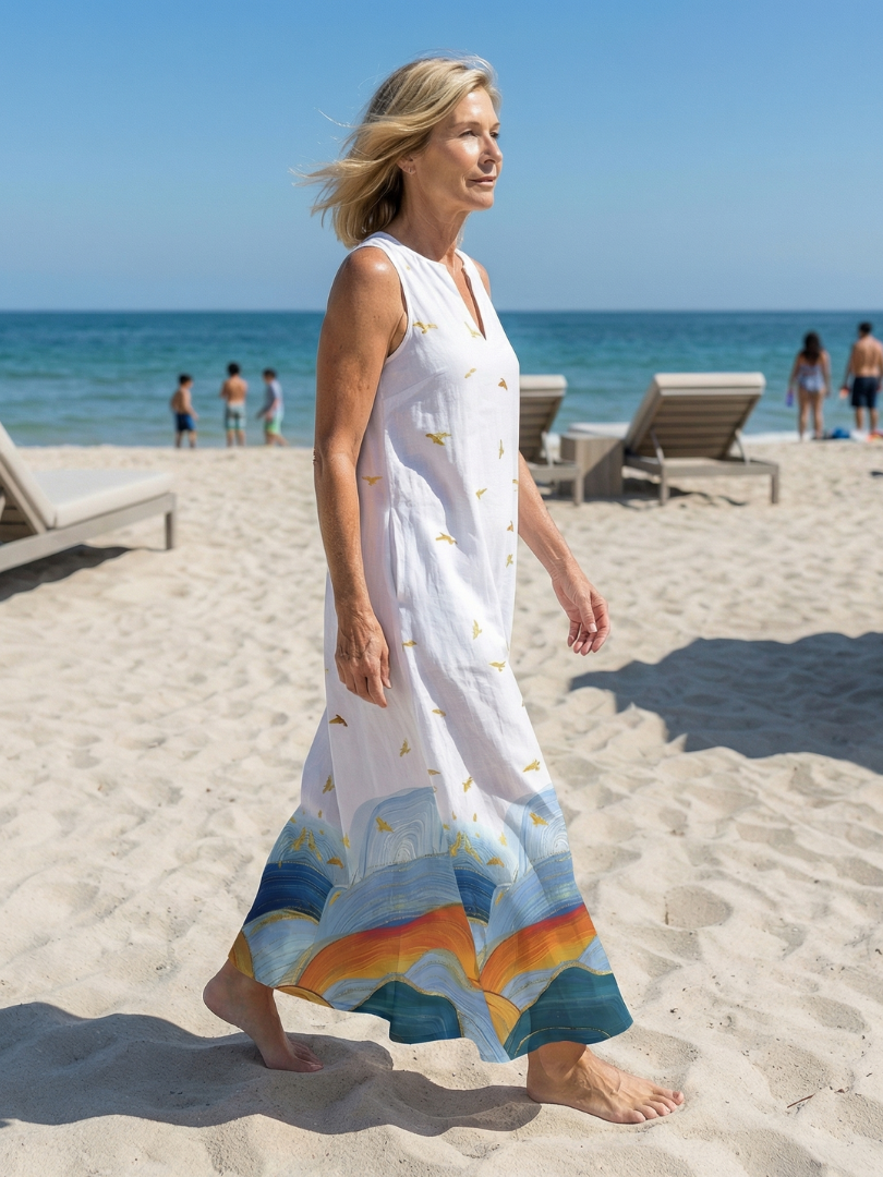 Notch Neck Sleeveless Bird Print Scenic Border Maxi Dress