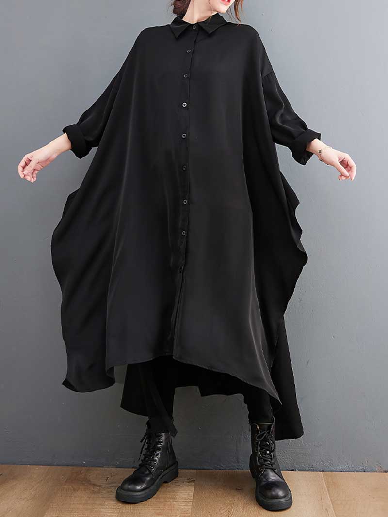 Cotton Long Sleeves Shirt Style A-Line Dress