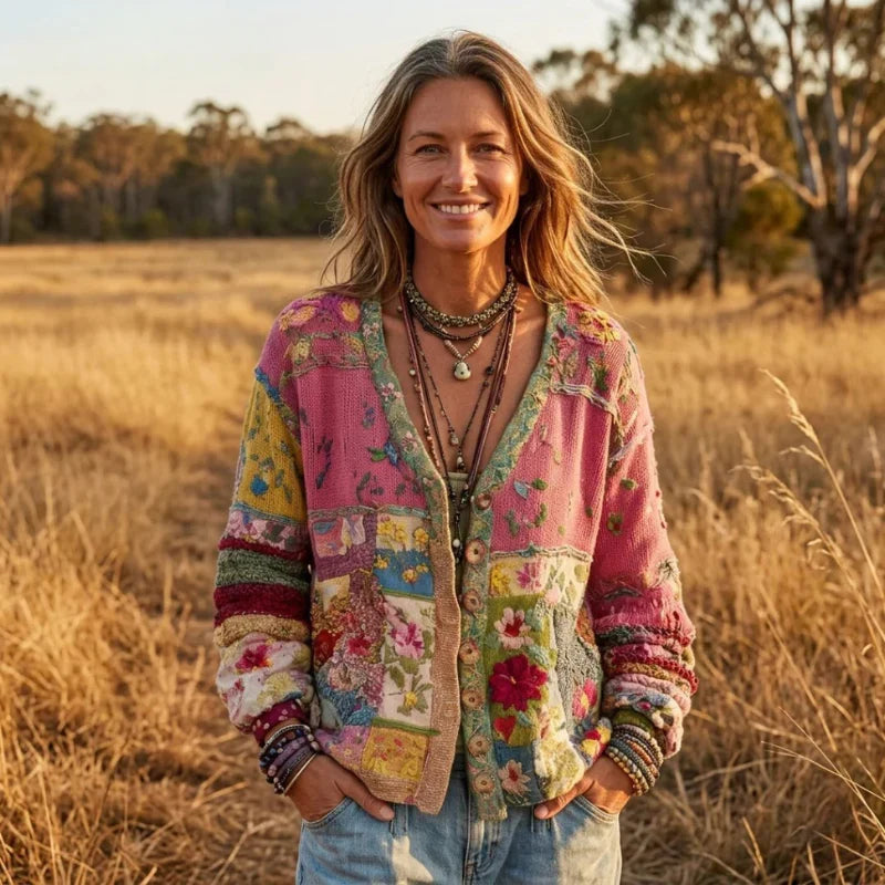 V-Neck Patchwork Floral Boho Button Front Cardigan