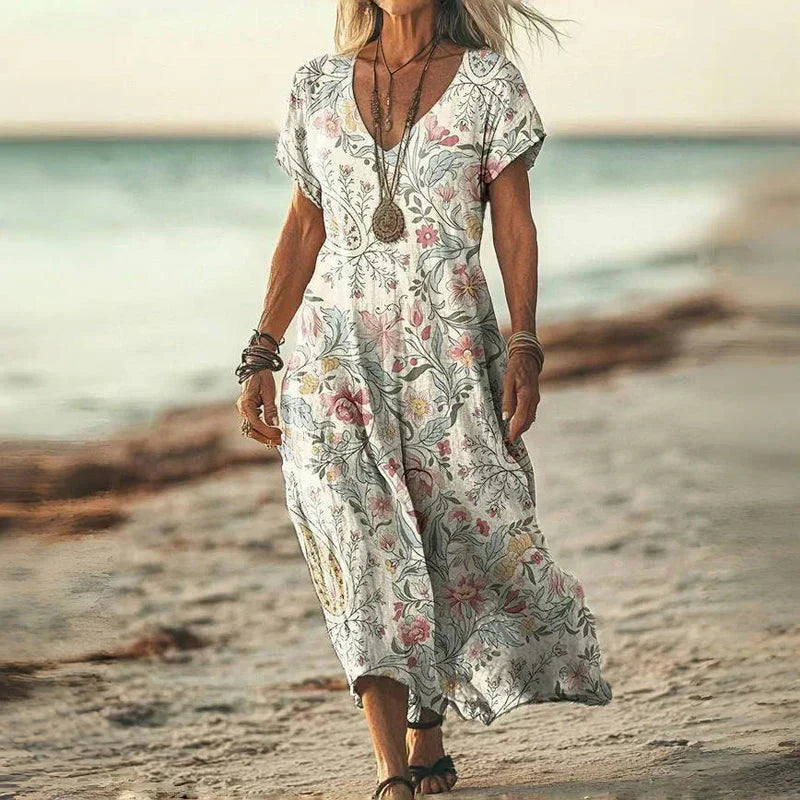Tie Dye Print V-Neck Short Sleeve Loose Maxi Beach Dress