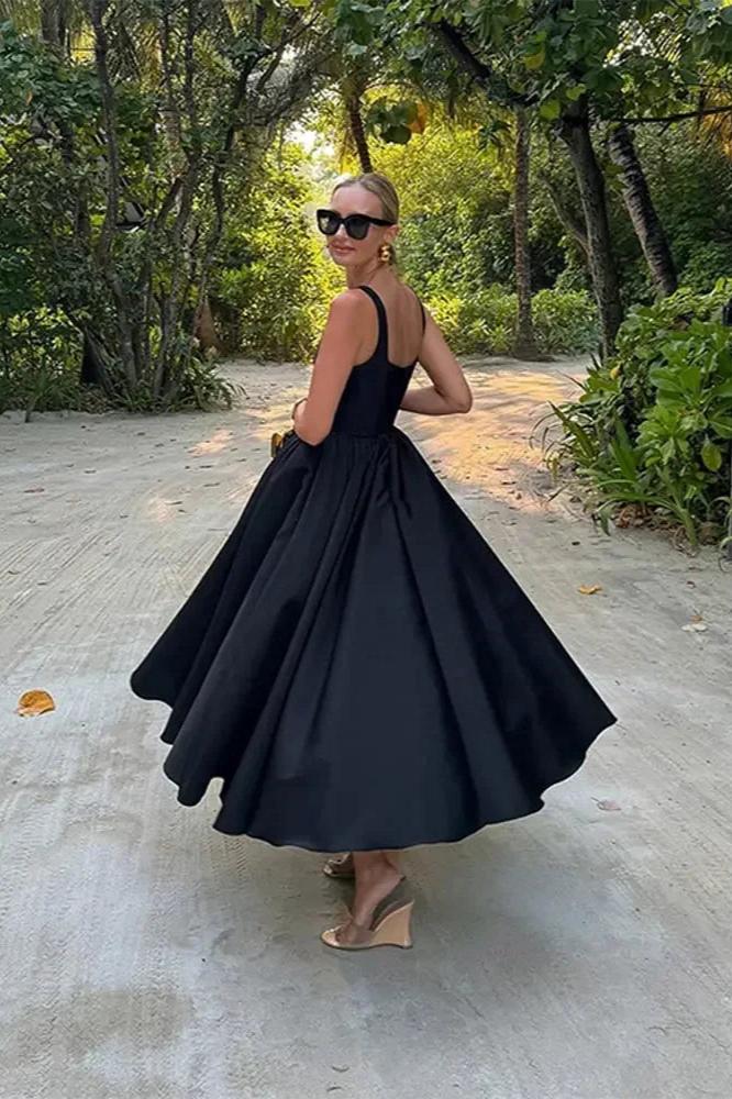 Square Neck Corset Bodice Pleated A-Line Midi Dress