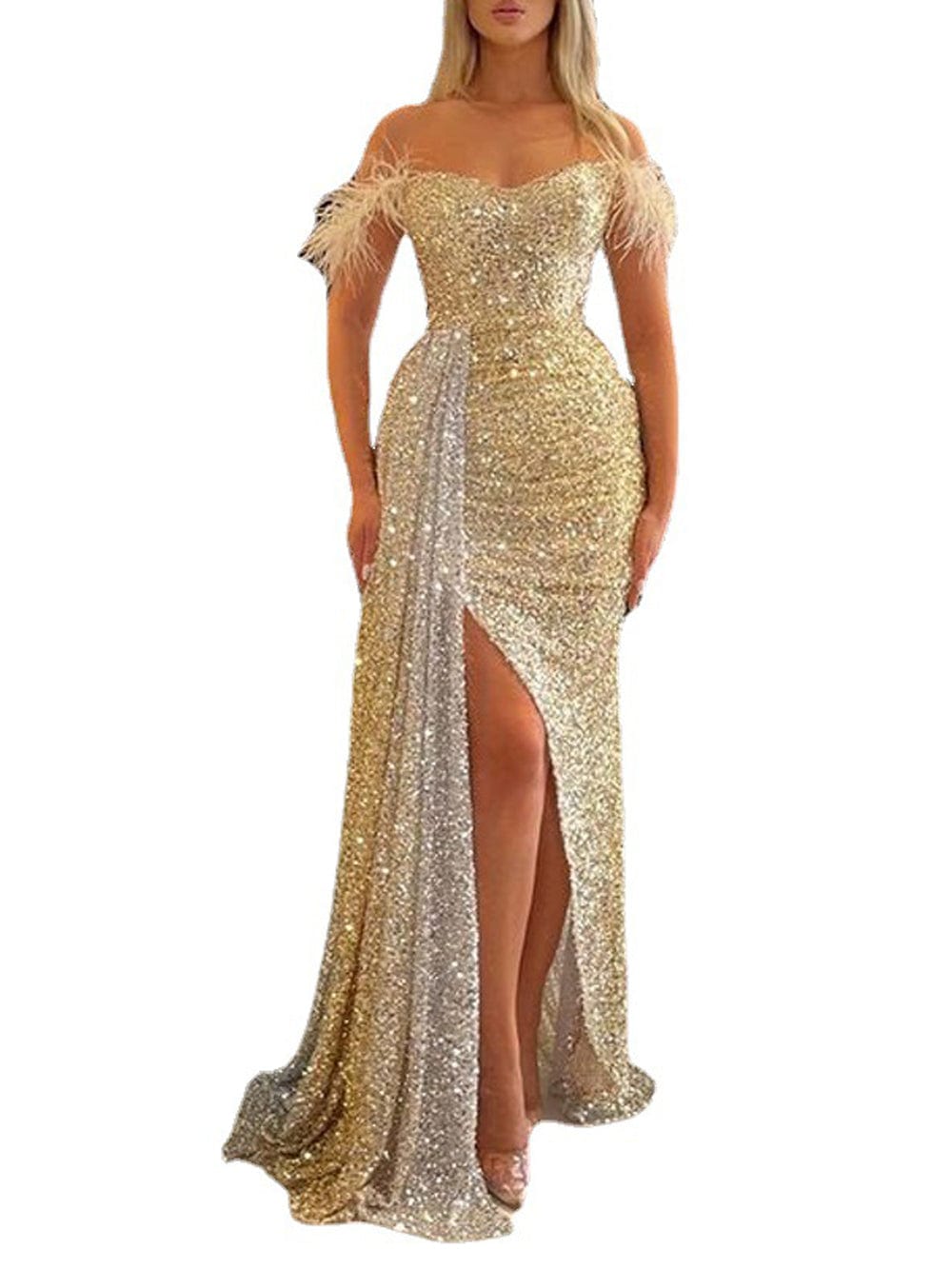 Sequin Off Shoulder Feather Trim Ruched High Split Maxi Gown