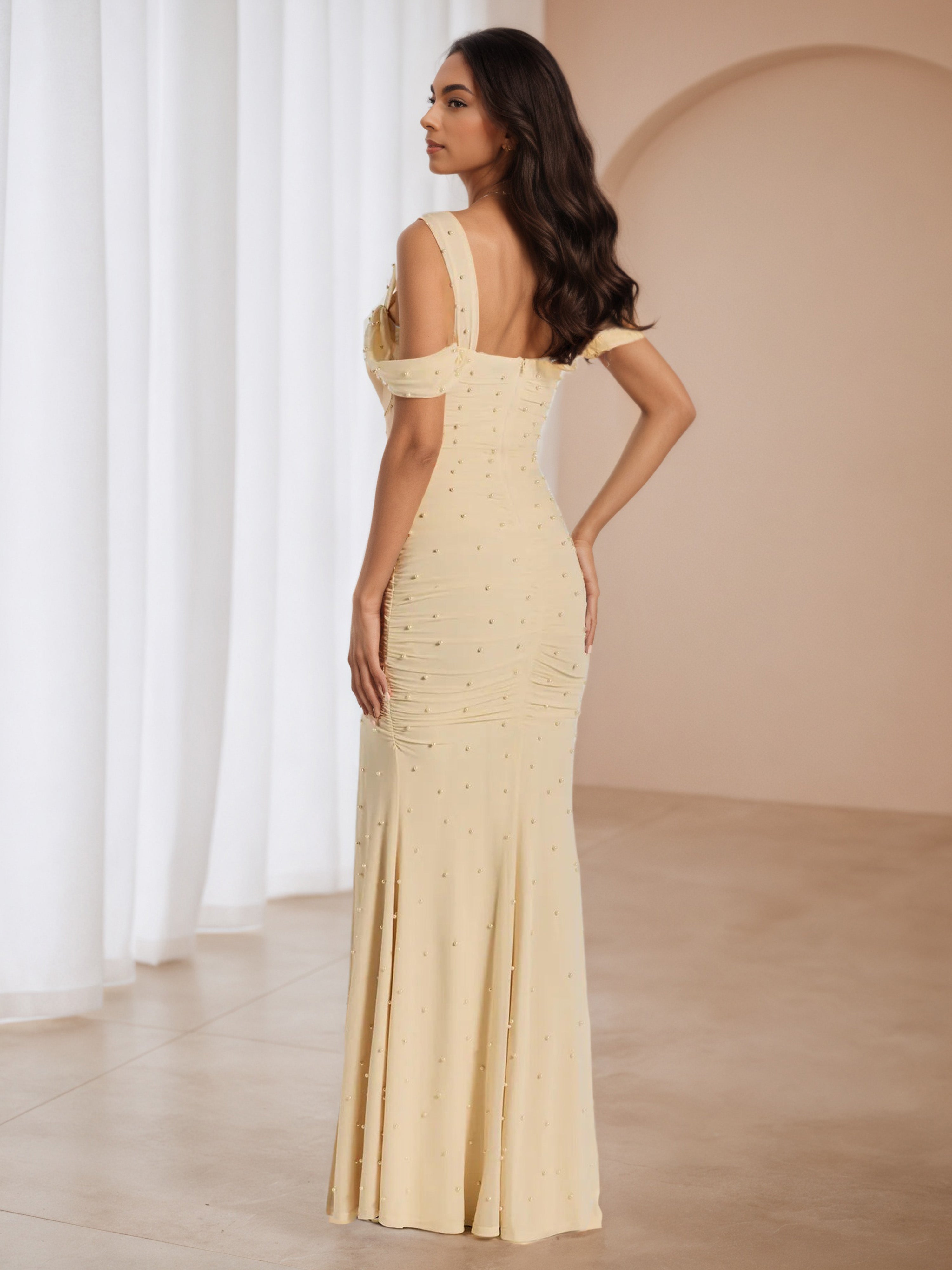 Champagne Straps Off The Shoulder Formal Dresses