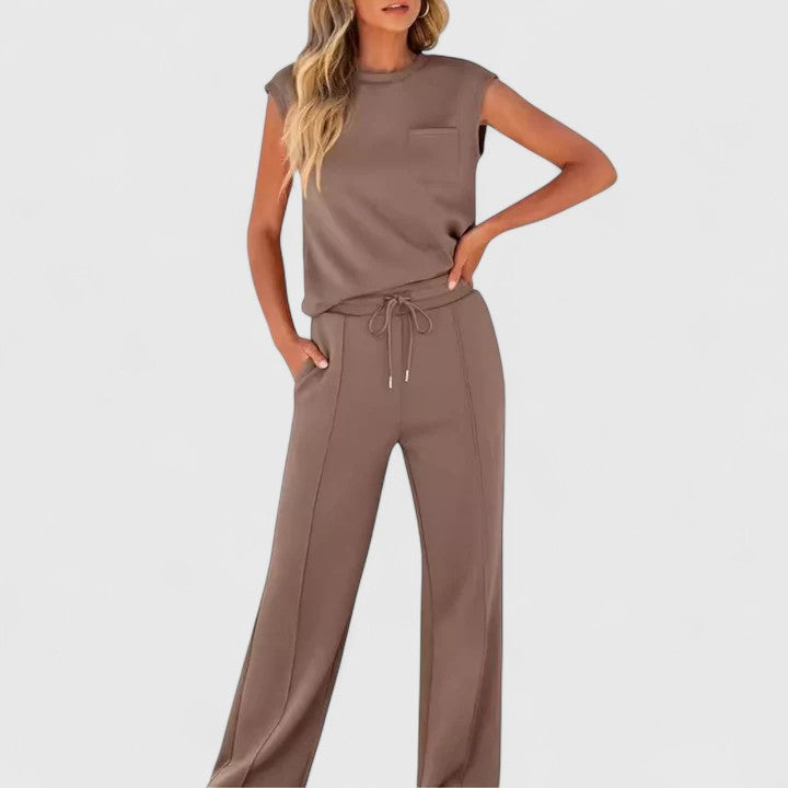 Cap Sleeve Top and Drawstring Wide Leg Pants Two Piece Set