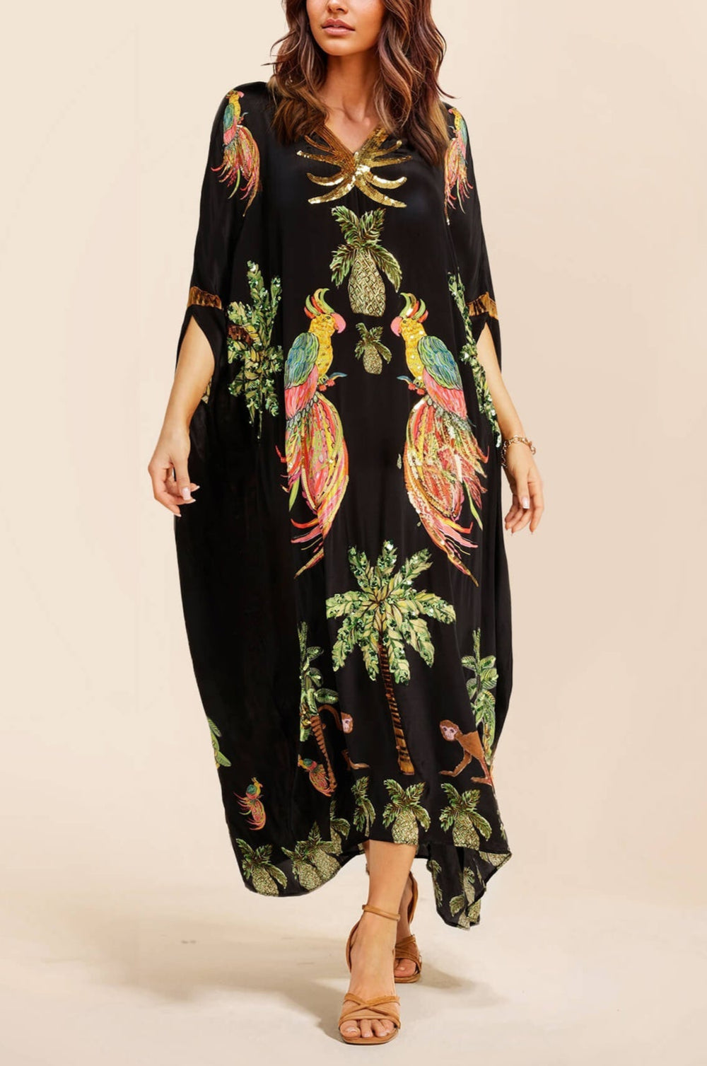 Unique Drop Shoulder Sleeve Coconut Tree Printed Dress Black One Size