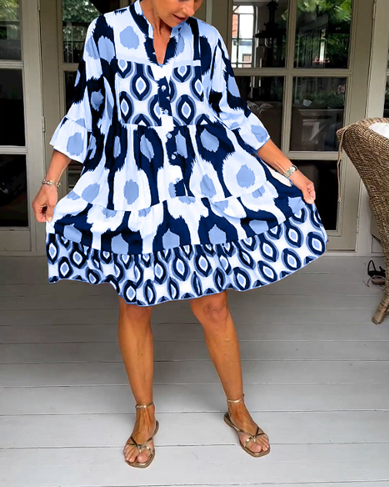 Abstract Print Button Front Flared Sleeve Tiered Midi Dress