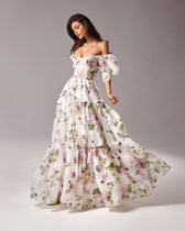 Floral Off Shoulder Puff Sleeve Tiered Maxi Gown