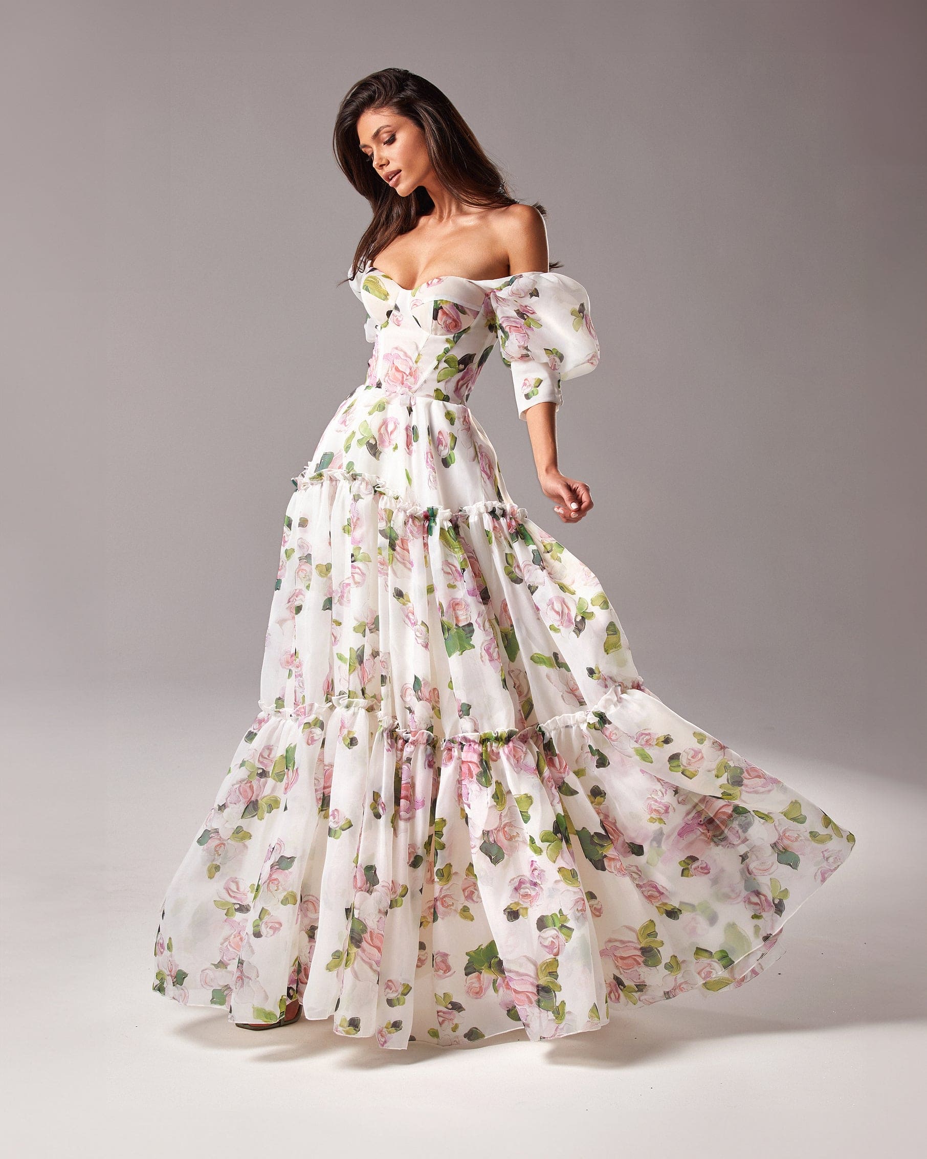 Floral Off Shoulder Puff Sleeve Tiered Maxi Gown