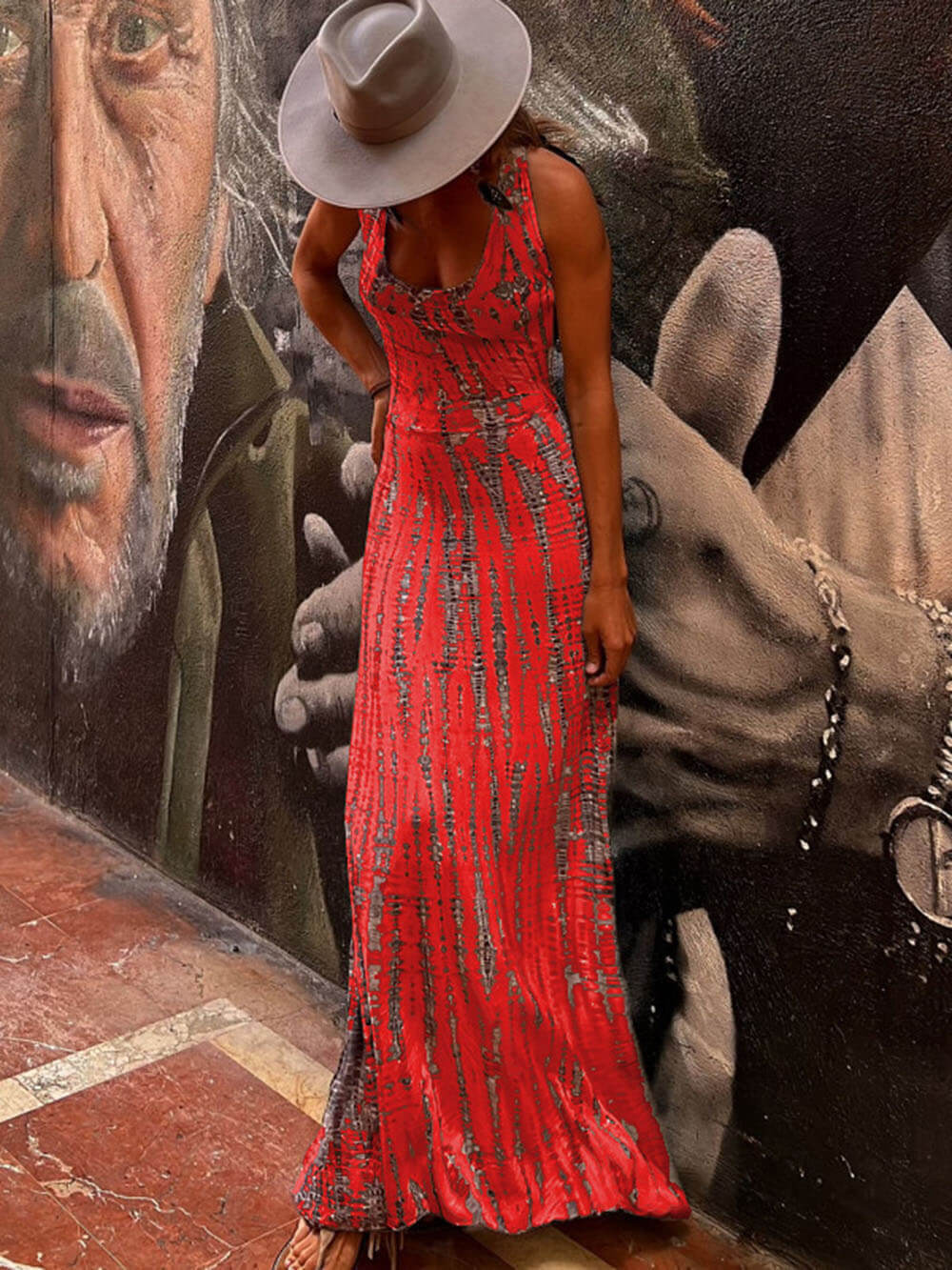 Tie Dye Print Scoop Neck Sleeveless Stretch Knit Maxi Dress 13