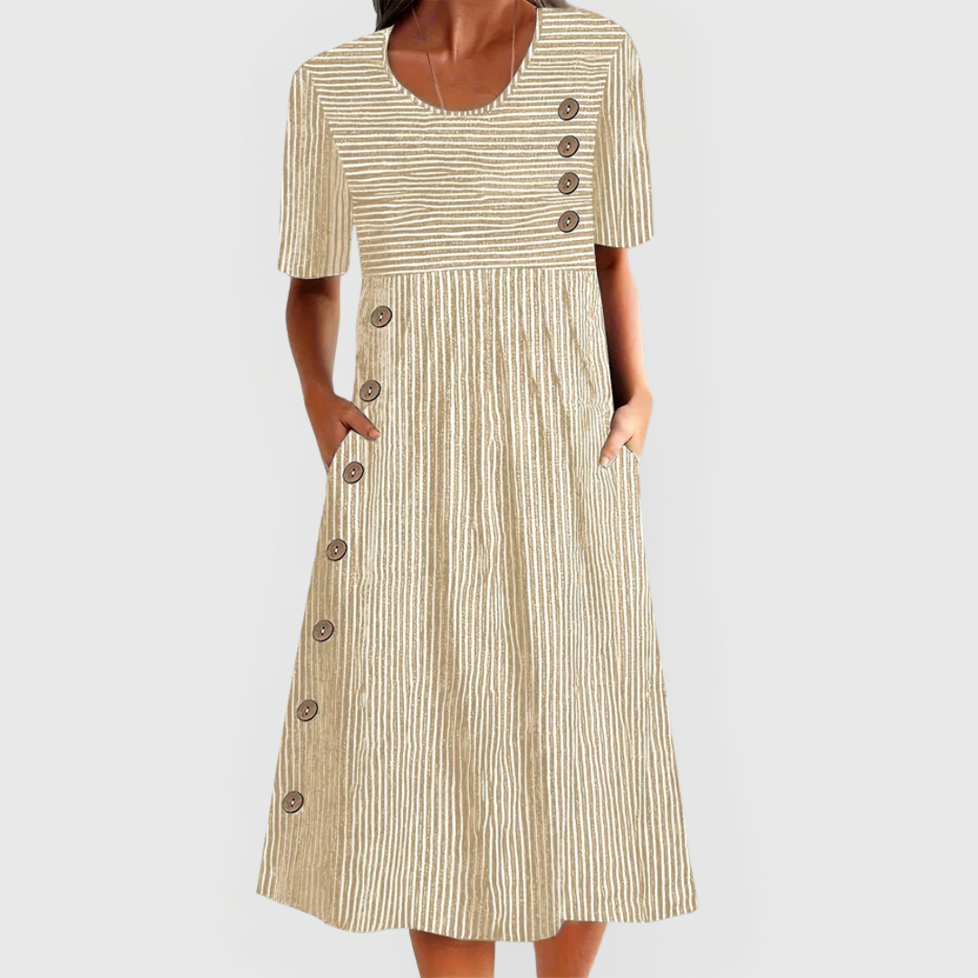 Striped Round Neck Short Sleeve Button Front Midi Dress