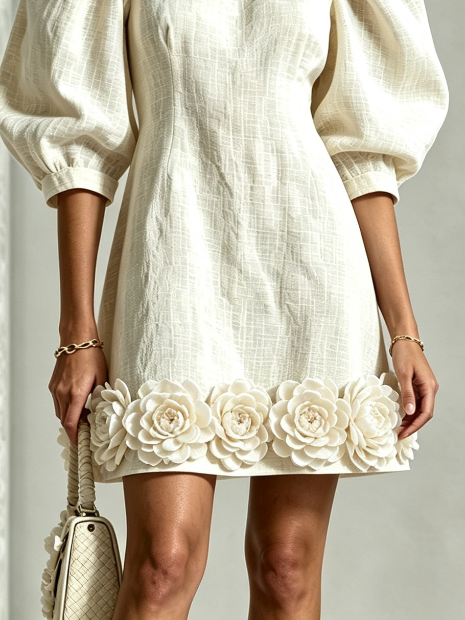 Puff Sleeve Round Neck 3D Floral Hem Mini Dress