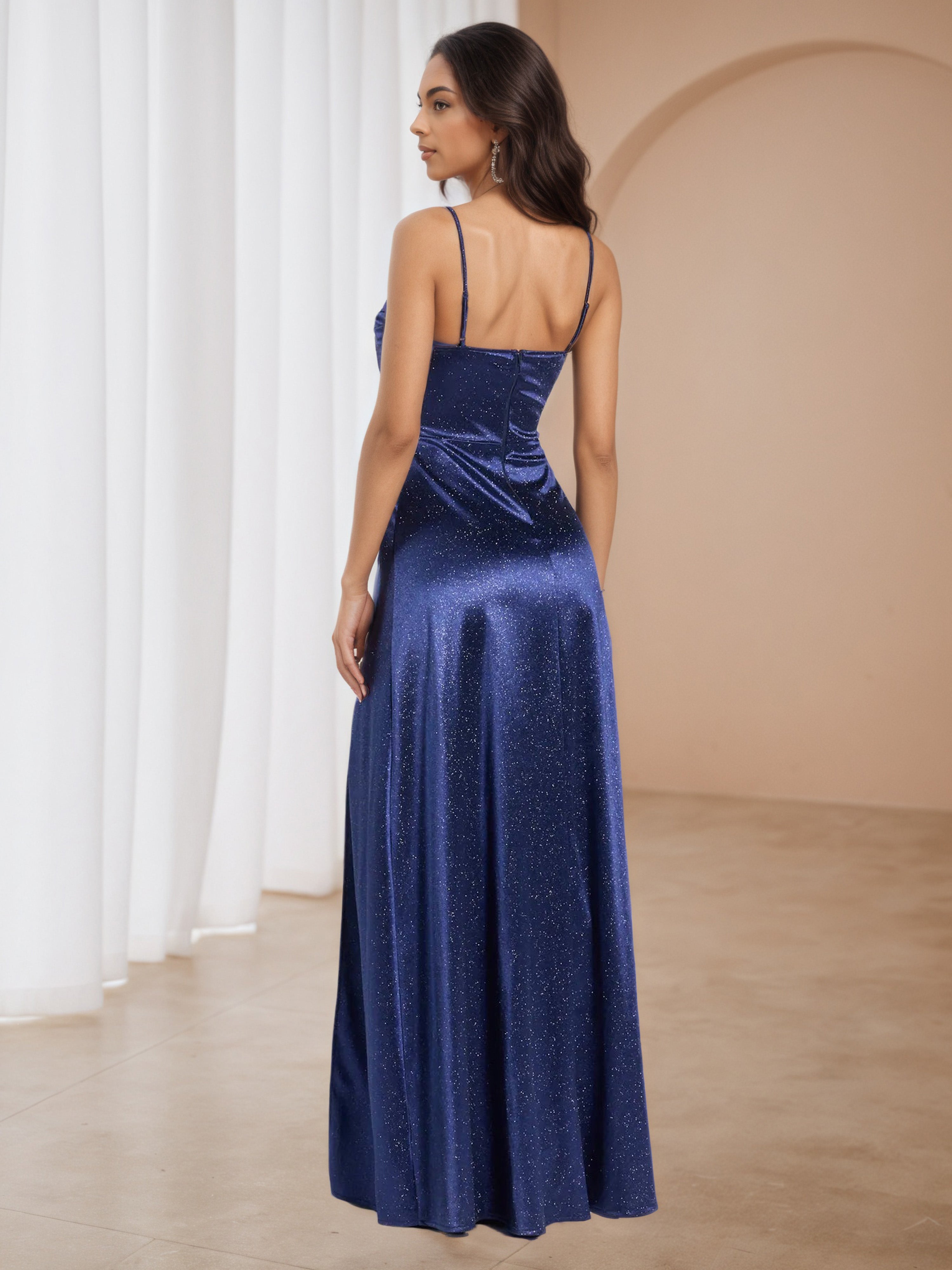 Glitter Navy Blue Spaghetti Straps A-line Long Formal Dresses