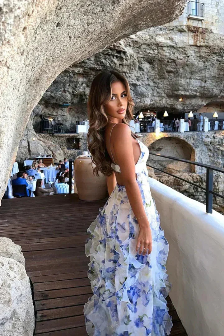 Floral V-Neck Spaghetti Strap Ruffle Maxi Dress