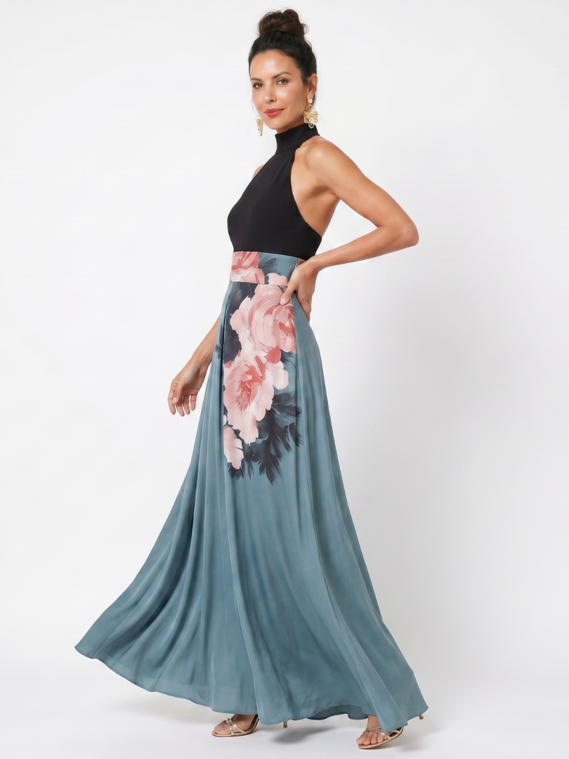 Halter Neck Floral Bodice High Split Maxi Dress