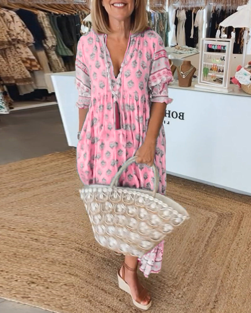 Printed V-Neck Ruffle Short Sleeve Tiered Maxi Dress