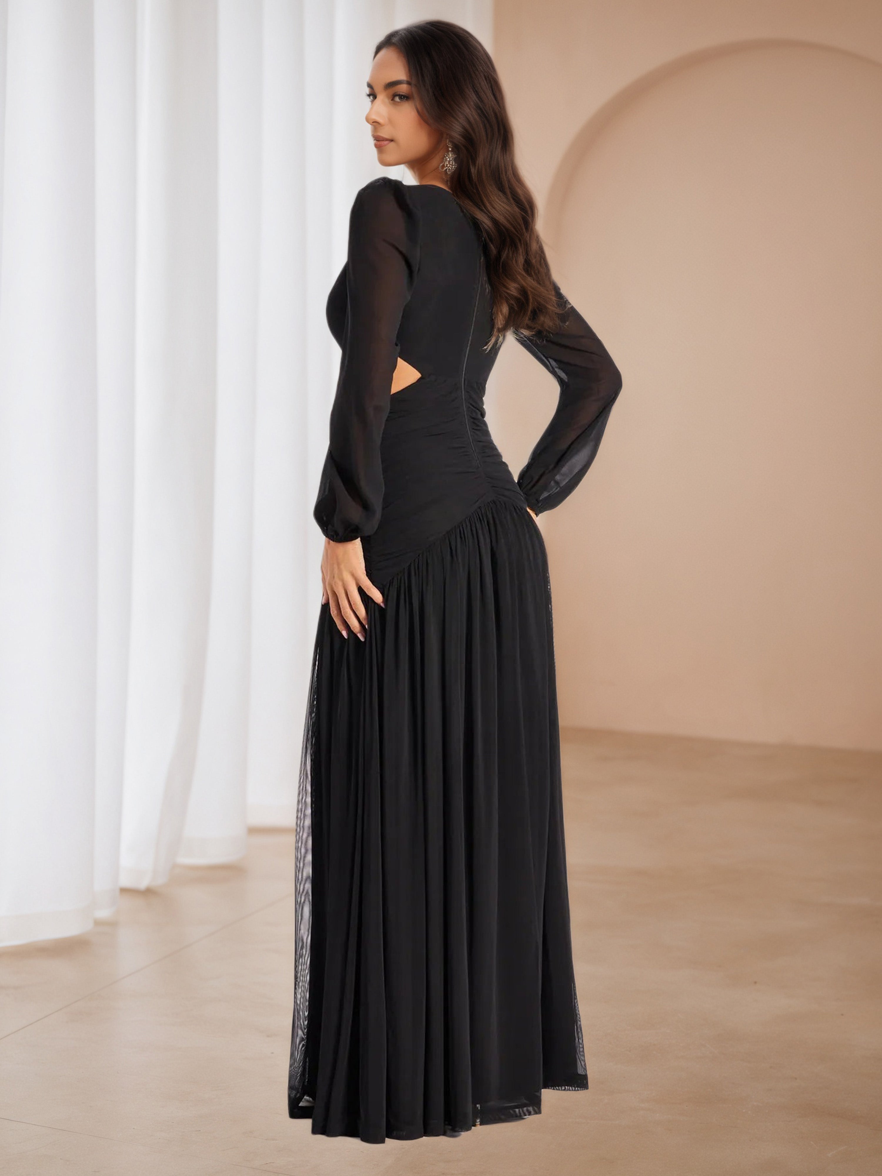 Black Long Sleeves V-Neck Cut-Out Long Formal Dresses