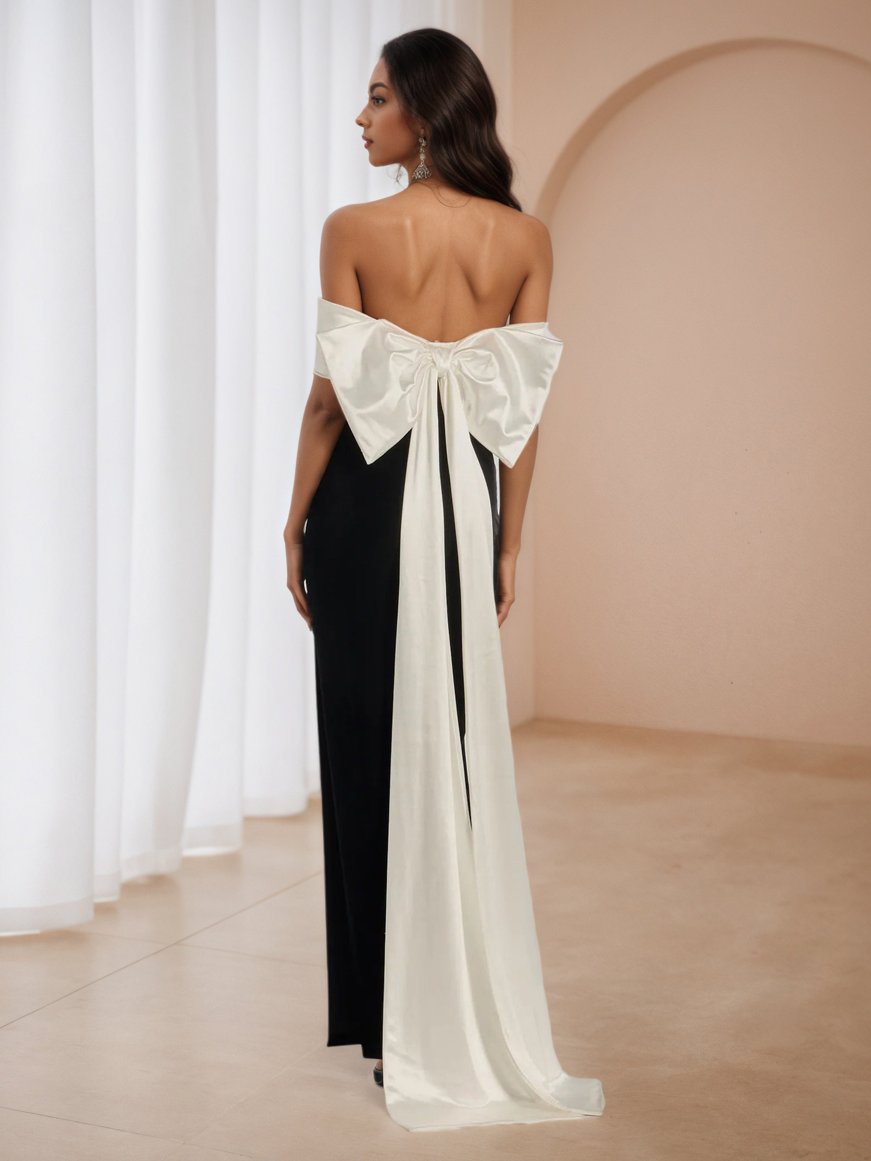 Elegant Black and White Bowknot Formal Dresses