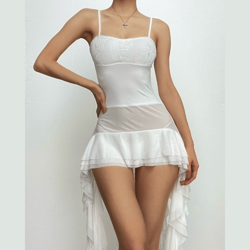 Lace Bust Sheer Mesh Tiered Ruffle High Low Cami Mini Dress
