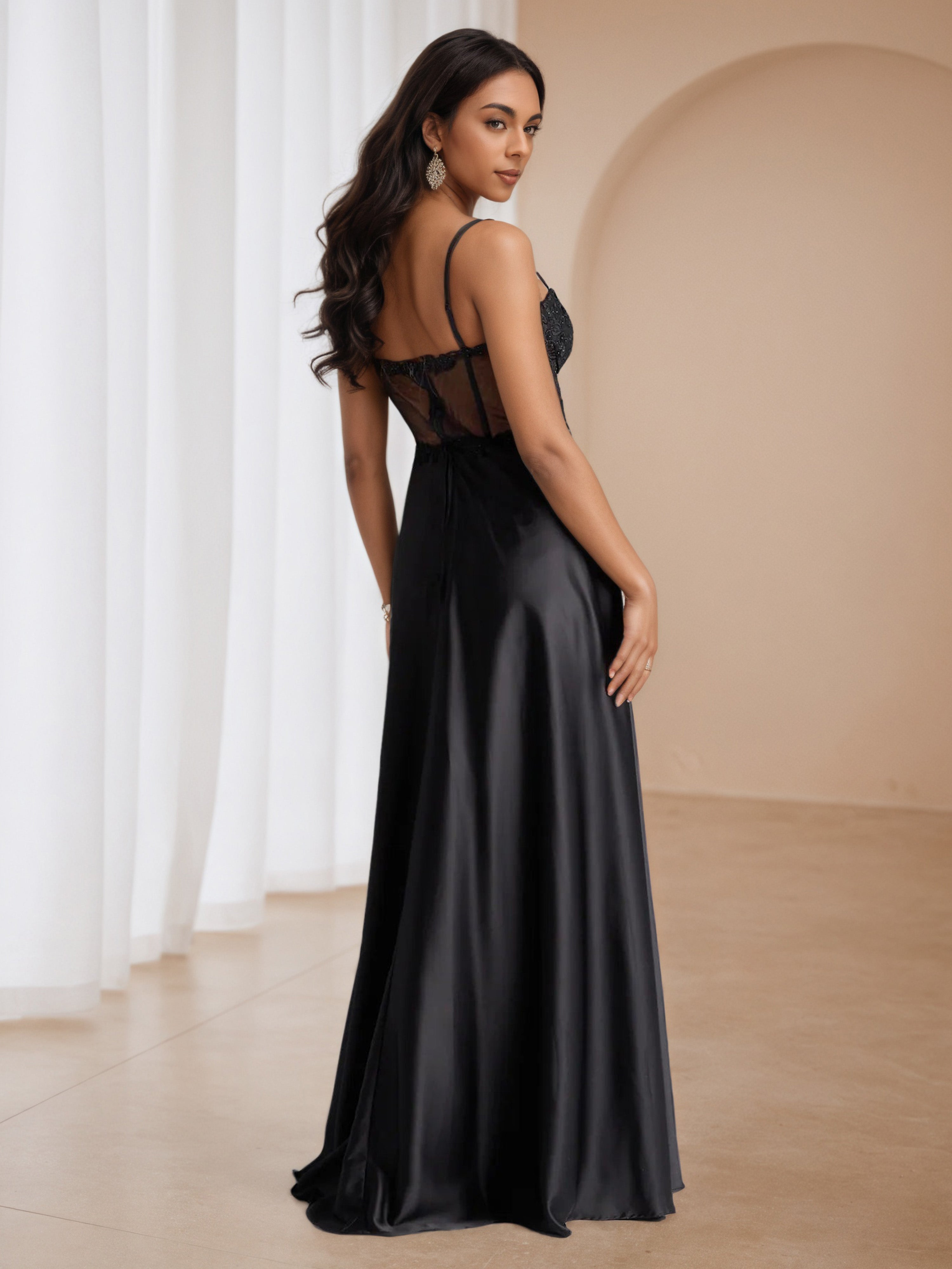 Appliques Black A-Line Formal Dresses with Split