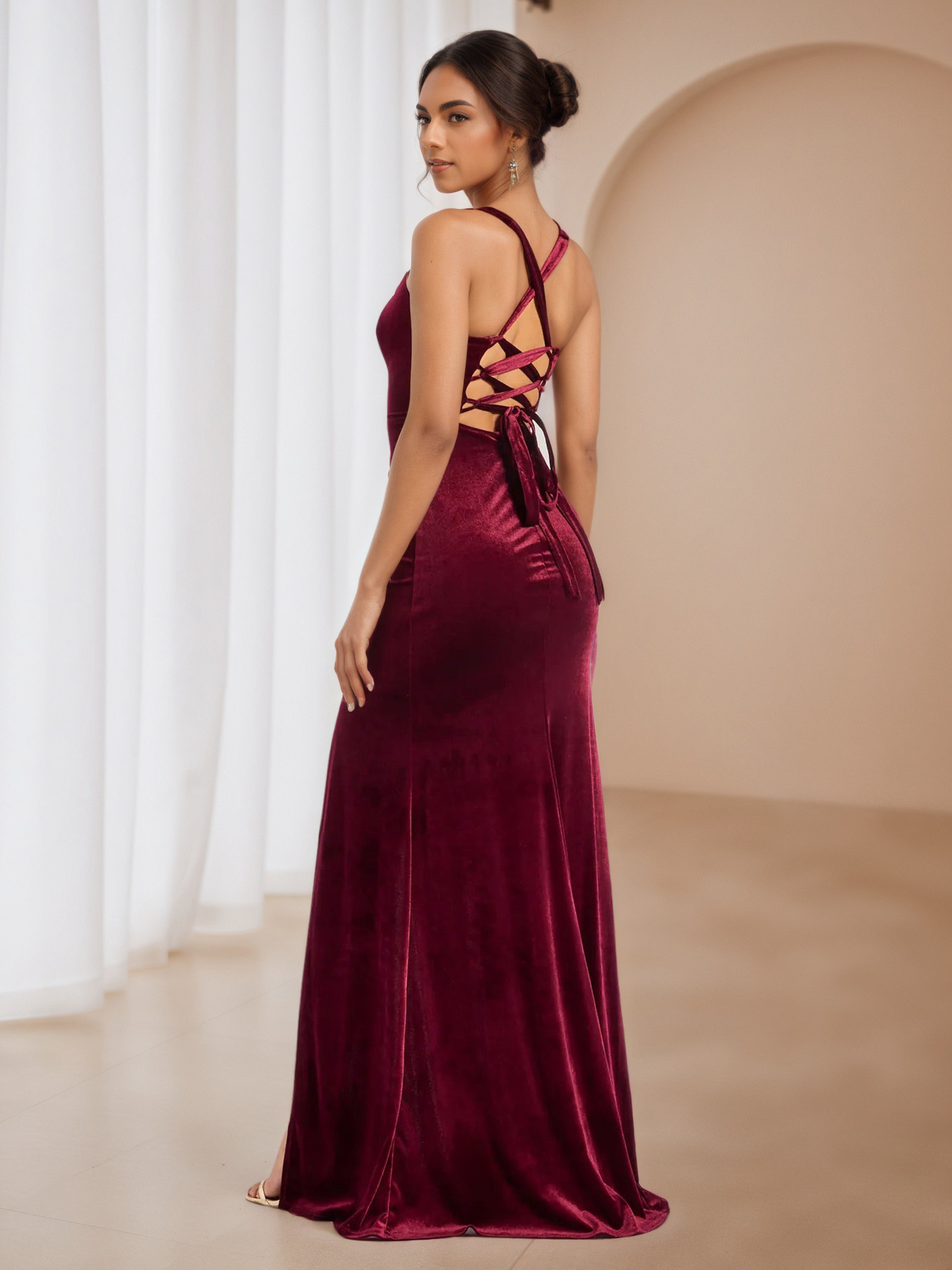 Velvet Burgundy Square Neck Formal Dresses