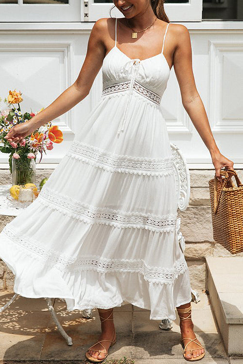 Spaghetti Strap Tie Front Lace Trim Tiered Maxi Dress