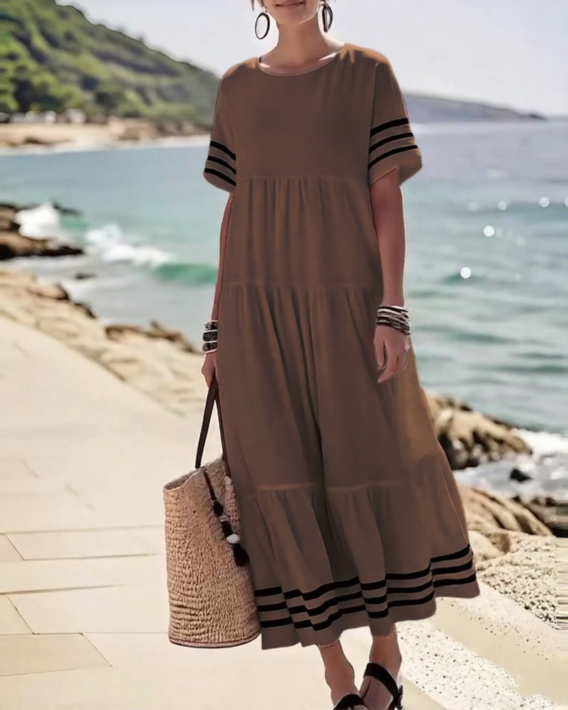 Striped Trim Short Sleeve Tiered Maxi Dress 13