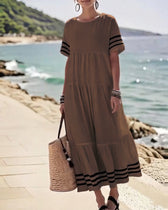 Striped Trim Short Sleeve Tiered Maxi Dress 13