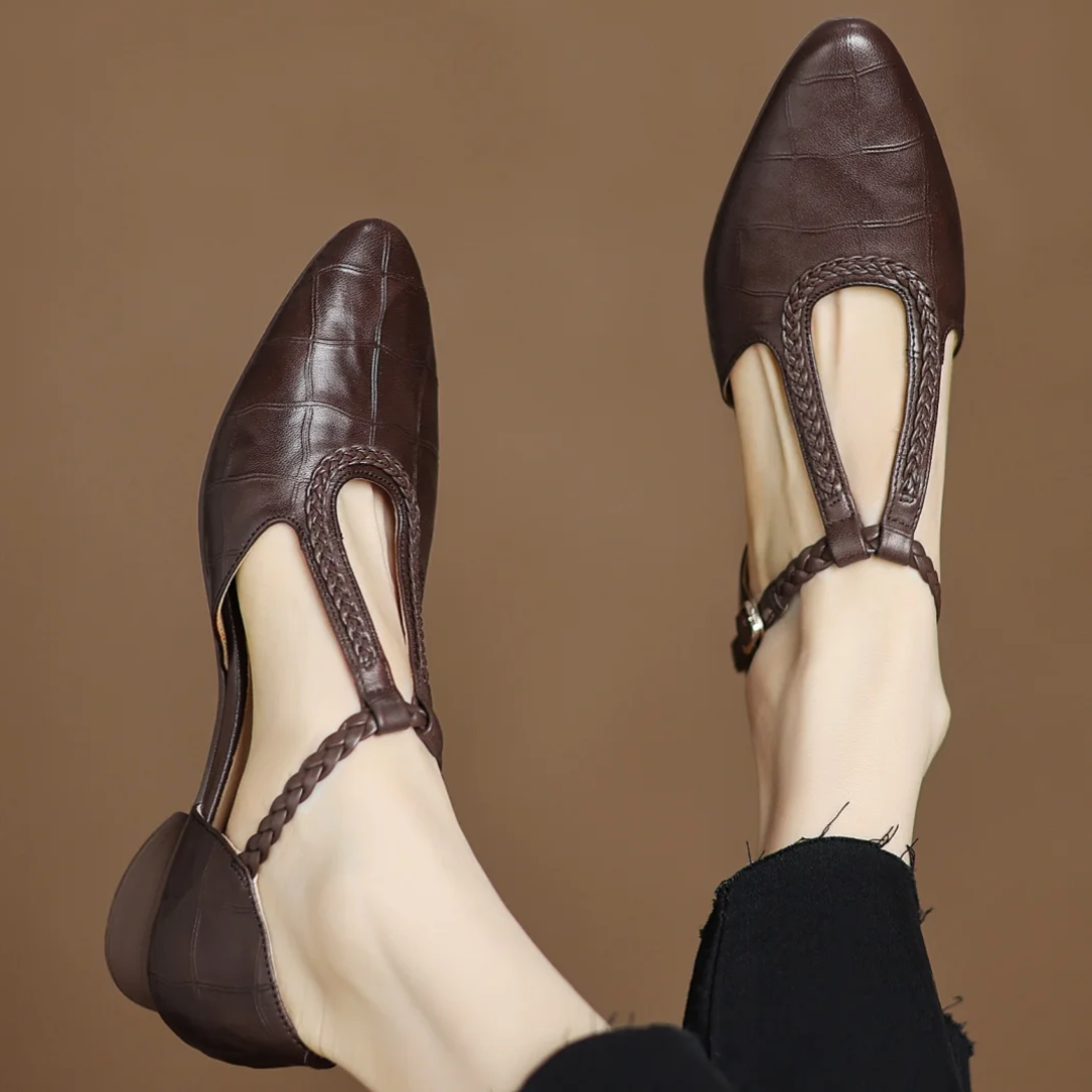 Pointed Toe Braided T-Strap Flats