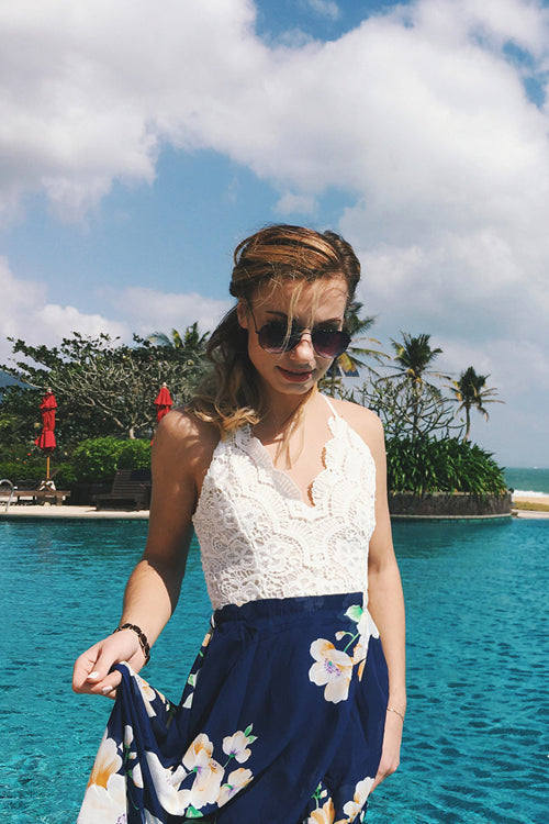 Lace Embroidered Backless Print Dress - View 3